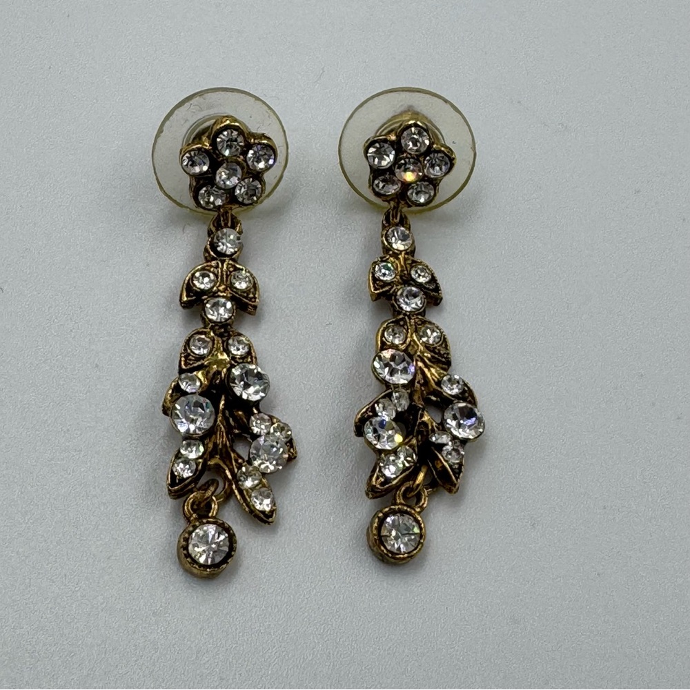 Siman Tu Designer Pierced Flower Earrings Glass Rhinestone Chandelier Dangle EUC
